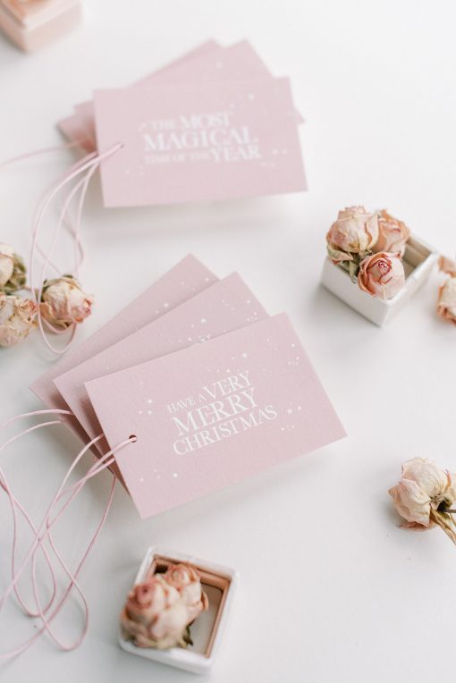 Magical pink Christmas tags with pink paper twine