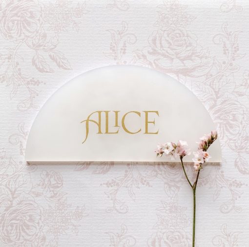 Arch name card with gold vinyl on frosted acrylic