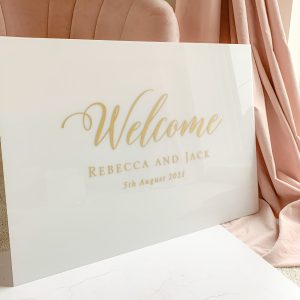 Welcome sign with gold foil on opal acrylic